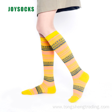 Knee high geometric square happy striped lady's socks